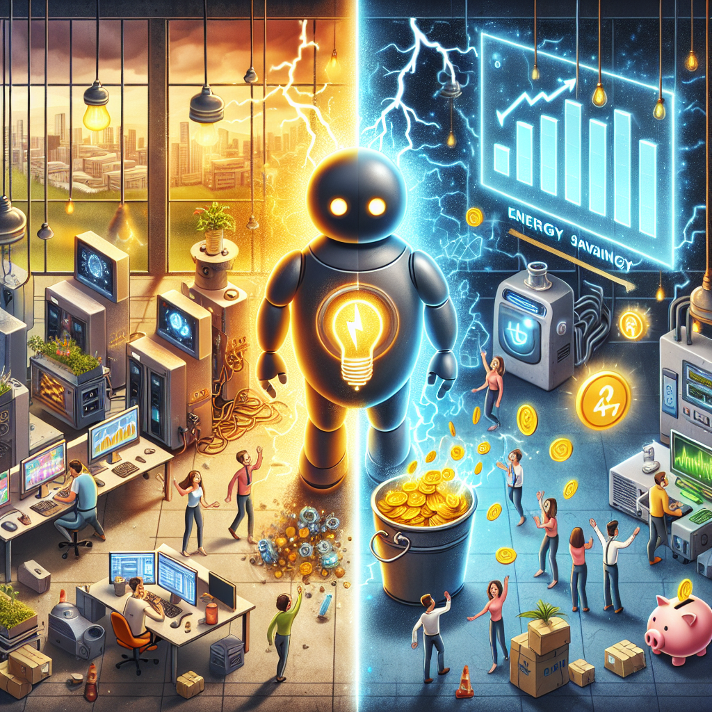 A modern industrial or office setting with various machines and computers with friendly robots